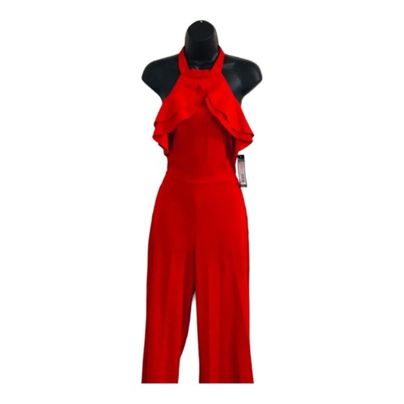 Bebe red Ruffle front belted sleeveless open back Halter Jumpsuit size‎ 2 new - Picture 15 of 15